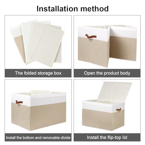 Large Toy Storage Box with Lid and Dividers for Kids, Beige and White X95078