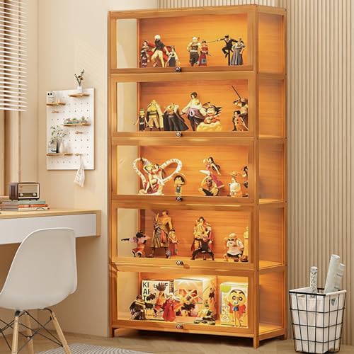 68" Curio Display Cabinet, 5 Tier Bamboo Storage with Acrylic Glass Door O367907