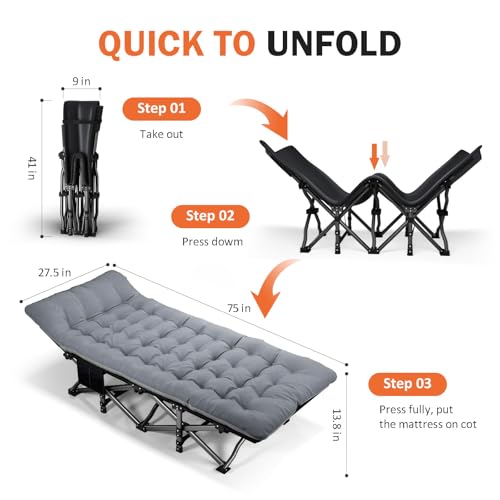 ATORPOK Camping Cot for Adults with Cushion, Portable Folding Bed, Gray F9576