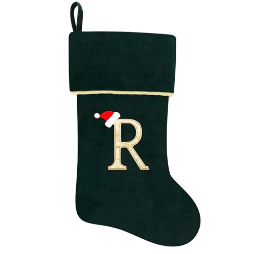 20 Inches Initial Monogram Blue Velvet Christmas Stocking with Gold Trim U394
