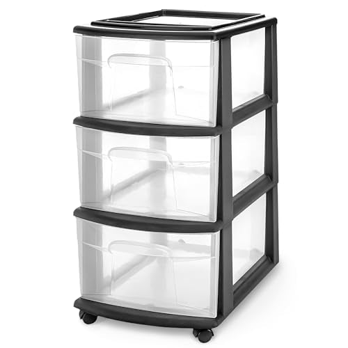 HOMZ 3-Tier Clear Plastic Storage Organizer Cart with Wheels, Black Frame M4715