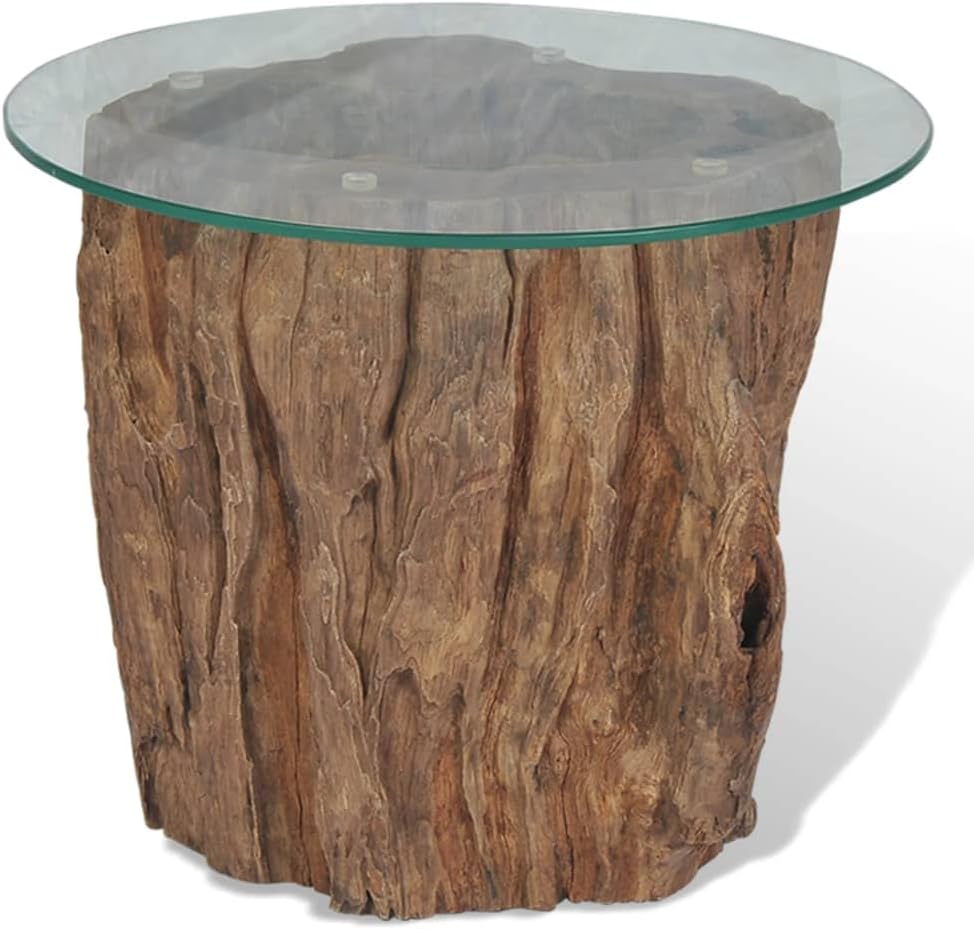 Teak Wood Stump Coffee Table with Tempered Glass Top O26377