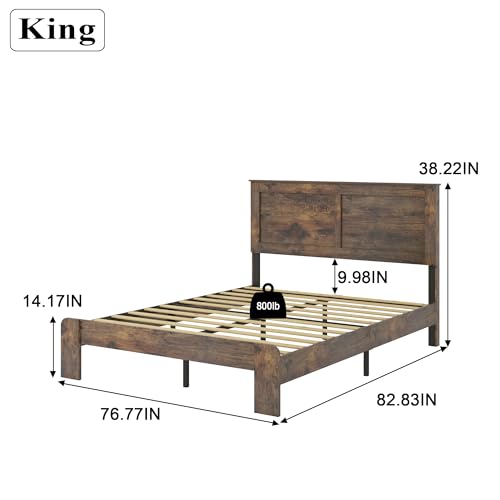 Queen Size Platform Bed Frame with Wood Headboard, Dark Brown U3153