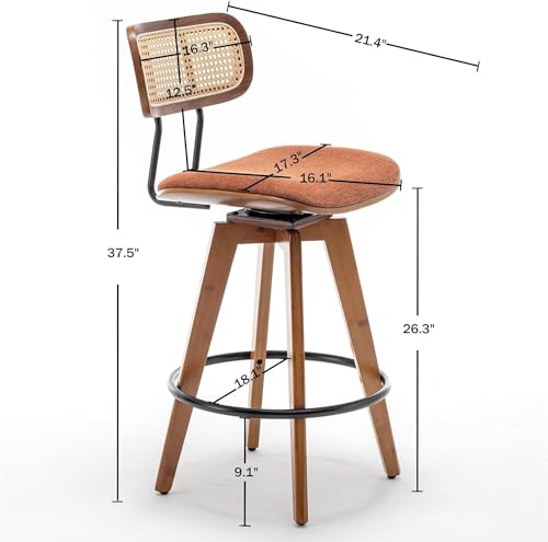 26" Rattan Bar Stools Set of 2, Linen Fabric Swivel Barstools with Wooden Legs B4938