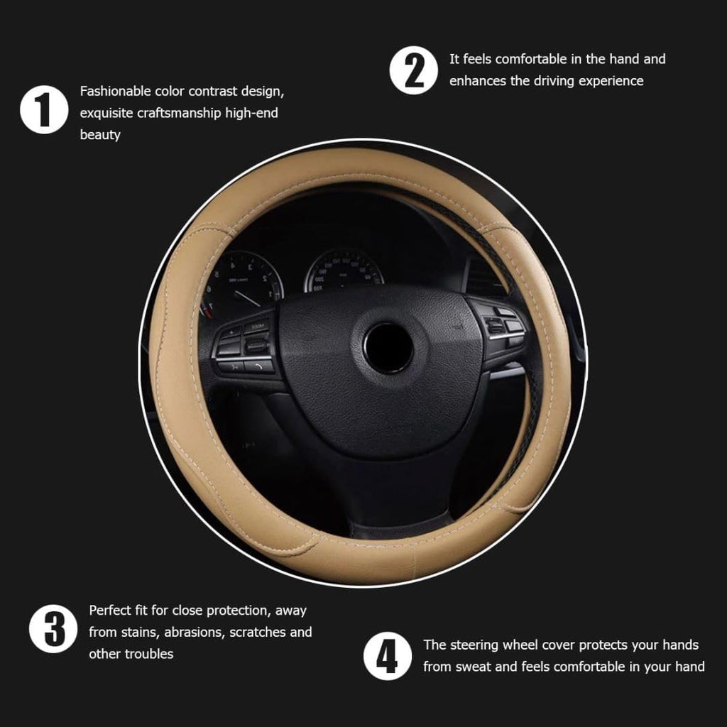 Leather Car Steering Wheel Cover, Anti-Slip, 14.5-15 Inch, Beige R3569