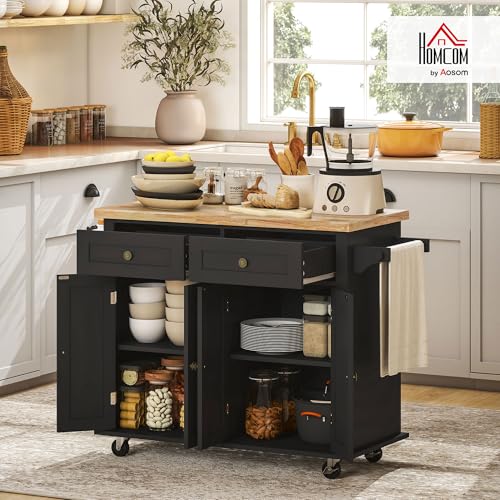 HOMCOM Kitchen Island on Wheels with Rubberwood Top, Navy Blue X7812