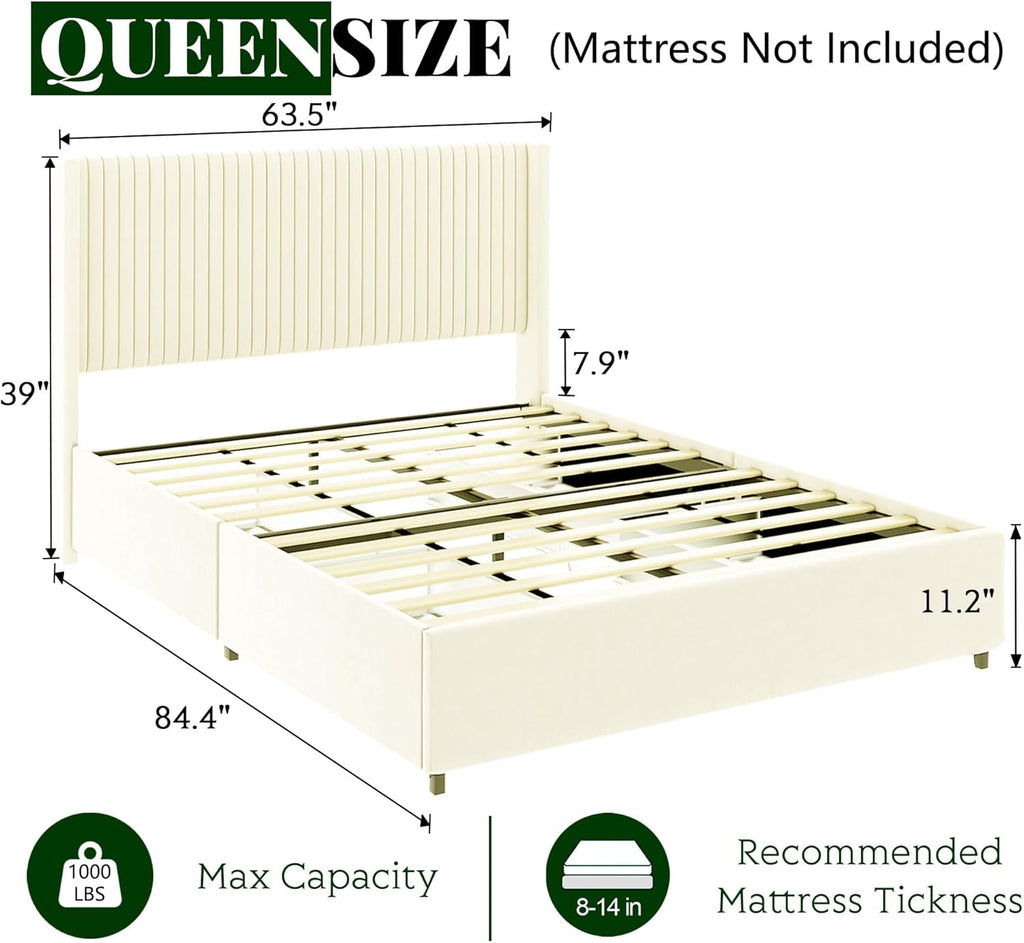 Dolonm Queen Size Upholstered Bed Frame with 4 Drawers Storage and Headboard, Ivory Velvet C23102