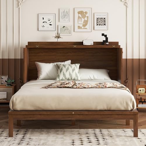 KEIKI Queen Murphy Bed Cabinet with Charging Station & Rattan Design S457376