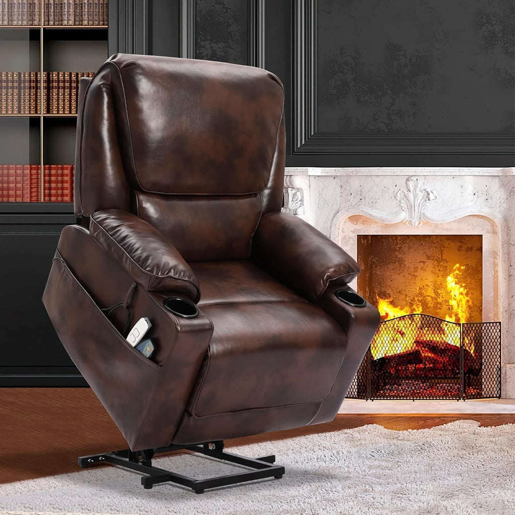 Leather Power Lift Recliner Chair for Elderly with Massage and Heated,Electric Lift Chair for Seniors,Cup Holders, Side Pocket and USB Port -Brown