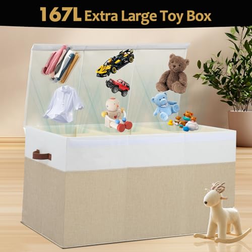 Large Toy Storage Box with Lid and Dividers for Kids, Beige and White X95078