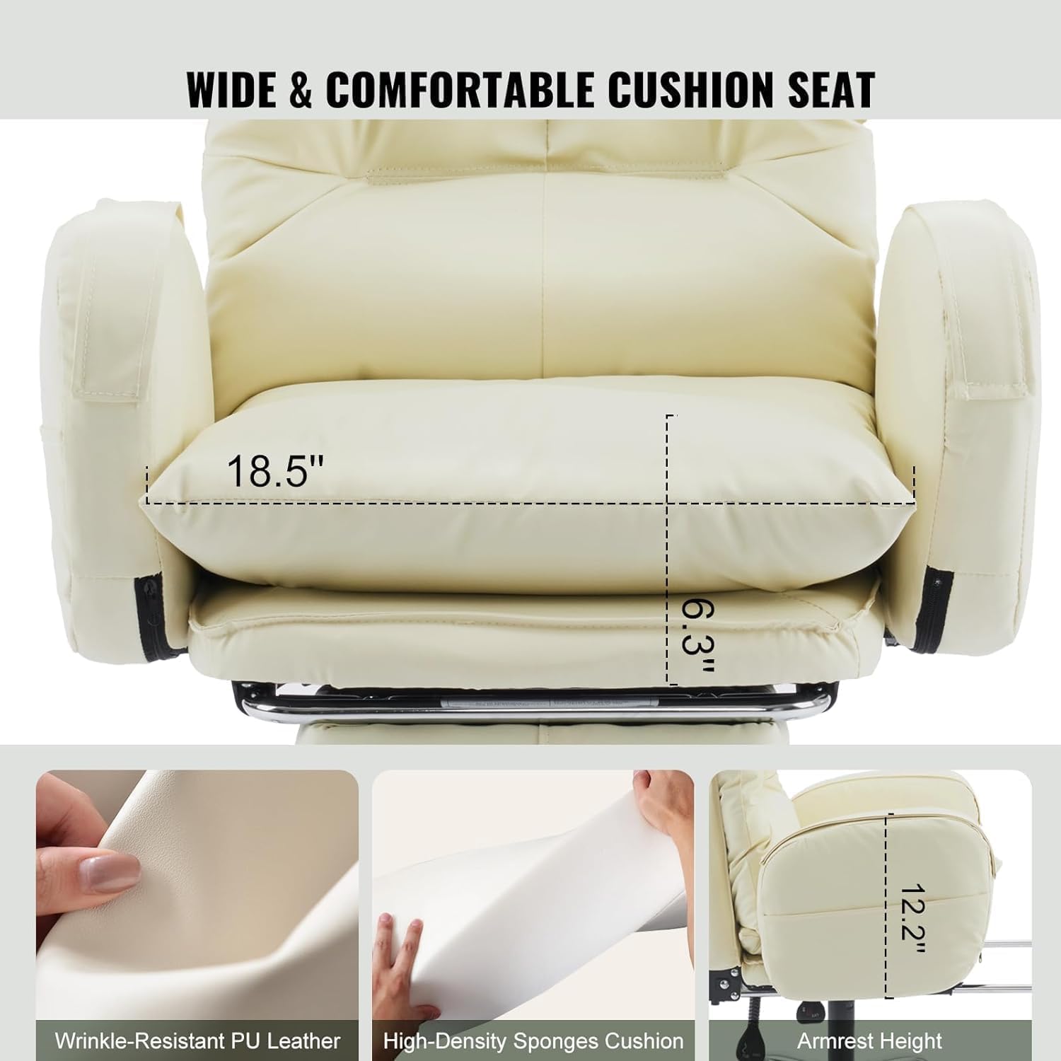 High-Back PU Leather Office Chair with Footrest, Cream White X25018