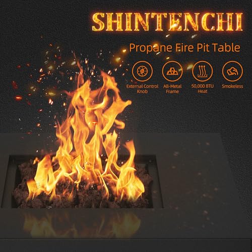 Shintenchi 28 Inch Propane Fire Pit Table with Lid and Lava Rock, Black L633