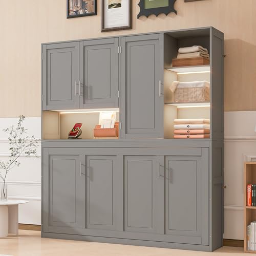 SOFTSEA Twin Murphy Bed with Storage Bookcase, LED Light & Charging Stations, Grey G72495