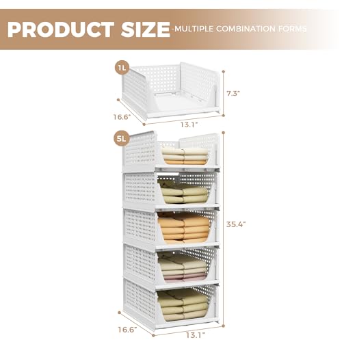 Pinkpum 5 Pack Stackable Plastic Storage Basket Foldable Closet Organizer H484802