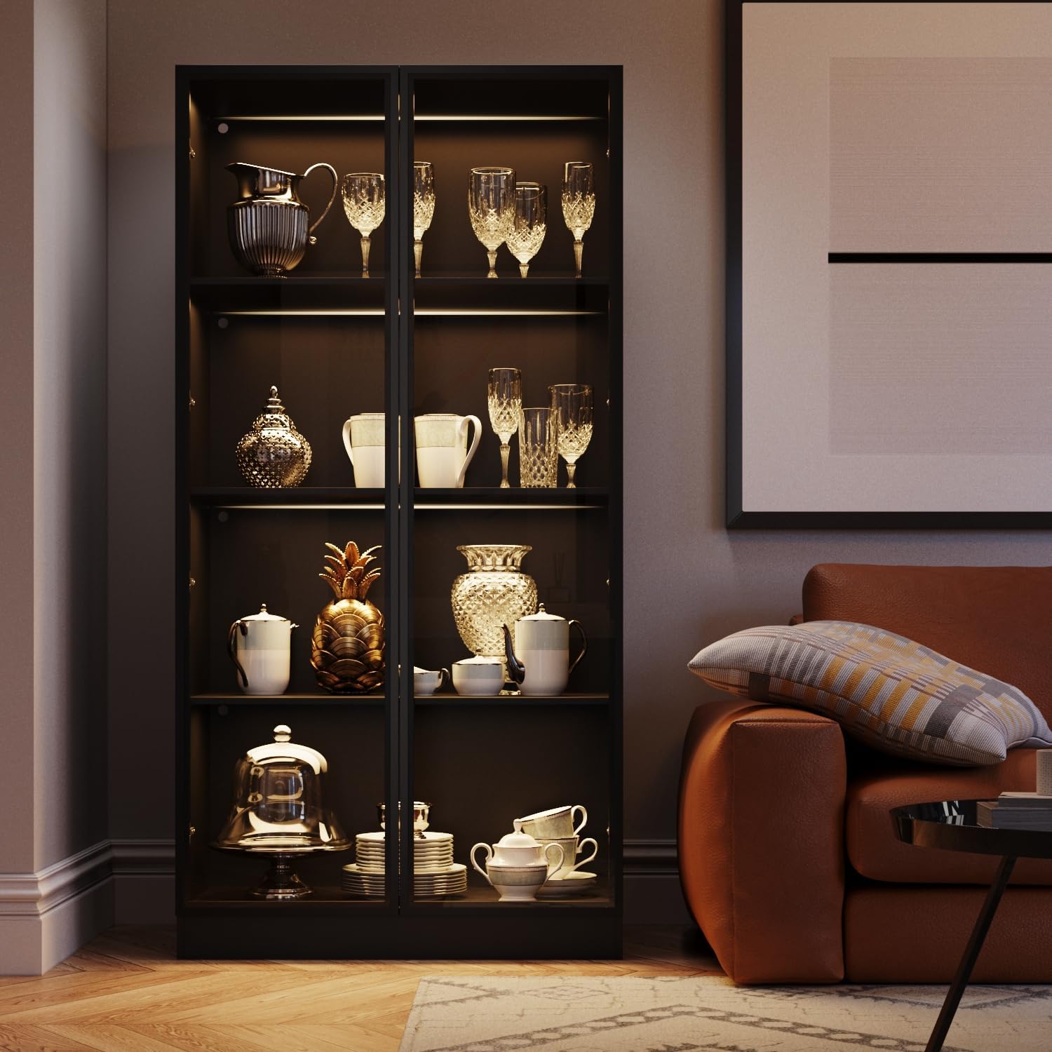 Black Display Cabinet with Glass Doors and Lights, 4-Tier C4875