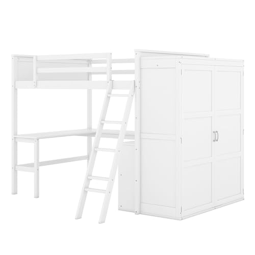 SOFTSEA Twin Size Loft Bed with Desk & Wardrobe, Solid Wood, Grey Q18519