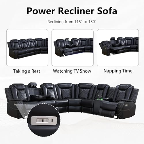 Leather Power Recliner Sectional Sofa with LED, USB Port and Cup Holder G14453