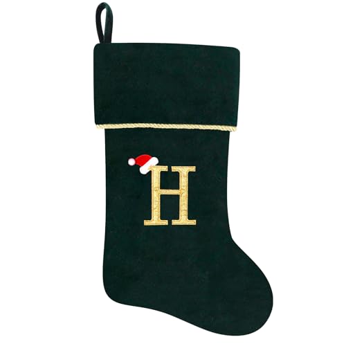 20 Inches Initial Monogram Blue Velvet Christmas Stocking with Gold Trim U394