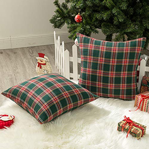 Pack of 2 Christmas Plaid Throw Pillow Covers Green 20x20 Inches U98072