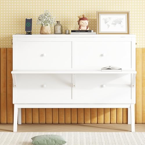 KEIKI Queen Size Murphy Bed with Charging Station and Drawer, Walnut B45816