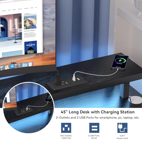 Computer Desk with Drawer, Power Outlets and LED Light, Black C8370