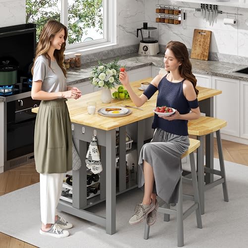 47.3" Solid Rubberwood Kitchen Island with Power Outlets, Grey E752