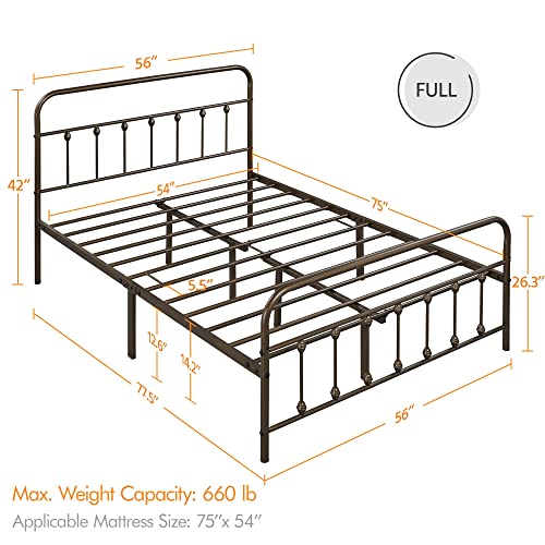 Yaheetech Classic Metal Platform Bed Frame with Victorian Headboard, Full Size Black T81083