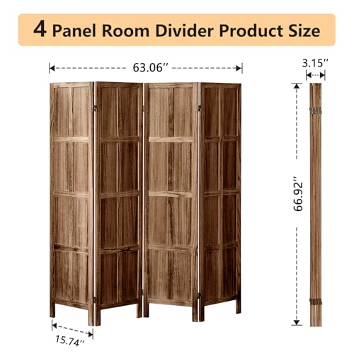Wood Room Divider 4 Panel, 5.6 FT Tall Folding Privacy Screen, Retro White K4688