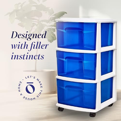 HOMZ 3-Tier Clear Plastic Storage Organizer Cart with Wheels, Black Frame M4715