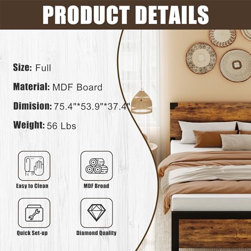 GAOMON Full Bed Frame with Wood Headboard, Metal Frame, Under Bed Storage, Rustic Brown Z50658