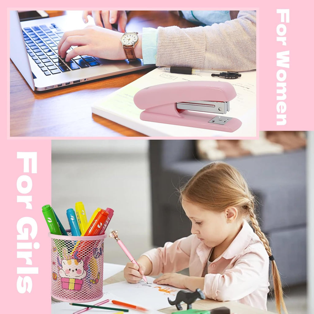 Pink Office Supplies Set for Desk with Stapler, Tape Dispenser, Pen Holder M9244