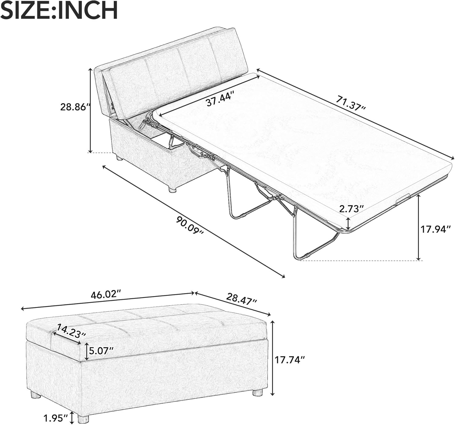 Twin Size Folding Ottoman Sleeper Bed with Mattress Light Gray I4488