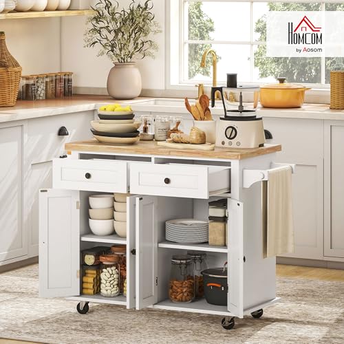 HOMCOM Kitchen Island on Wheels with Rubberwood Top, Navy Blue X7812