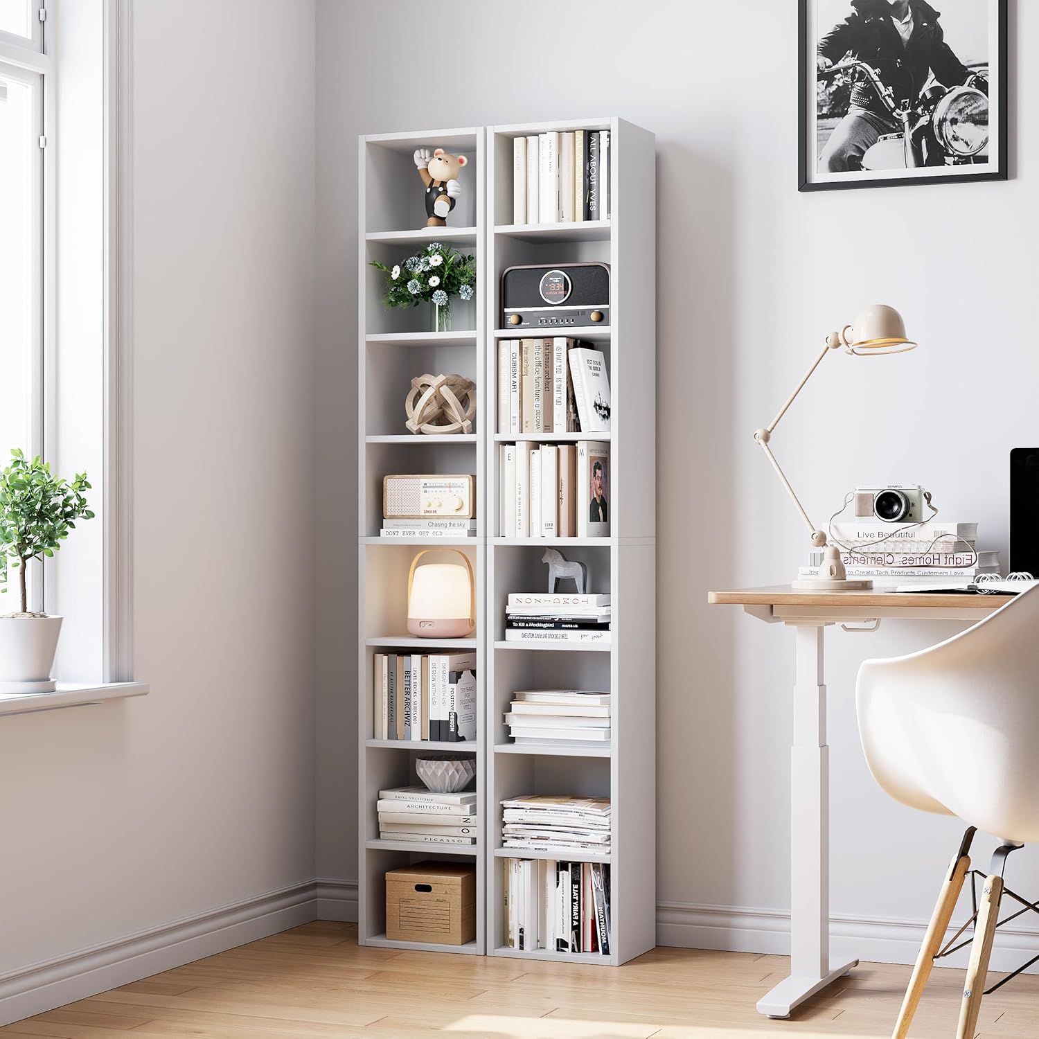 71 Inches Tall Narrow Bookshelf, 8-Tier Media Tower, White B925548