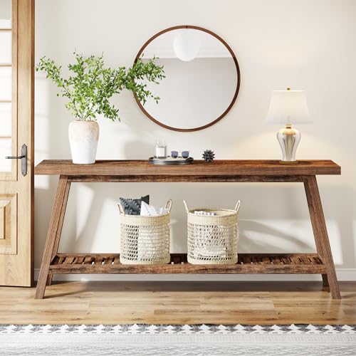 70.9" Extra Long Console Table for Entryway, 2-Tier Narrow Wood Sofa Table, Rustic Brown P32916