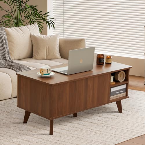 Mid-Century Modern Wood Coffee Table with Dual Storage Shelf (Walnut) X2536