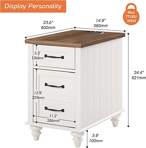 WAMPAT 2 Pack End Table with Charging Station and Storage, White/Oak E6157