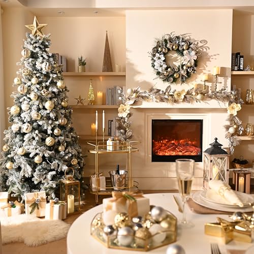 Valery Madelyn 6ft Pre-Lit Christmas Garland with White Gold Balls & Magnolia B766139