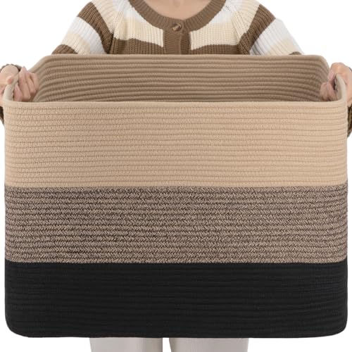 OIAHOMY Large Rectangle Woven Blanket Basket with Handle, Gradient Blue B58762