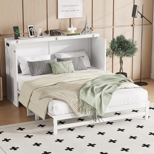 KEIKI Queen Size Murphy Bed with Charging Station and Drawer, Walnut B45816