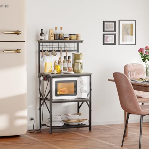 Furologee Kitchen Bakers Rack with Power Outlet, 4-Tier Microwave Stand, Rustic Brown Q634
