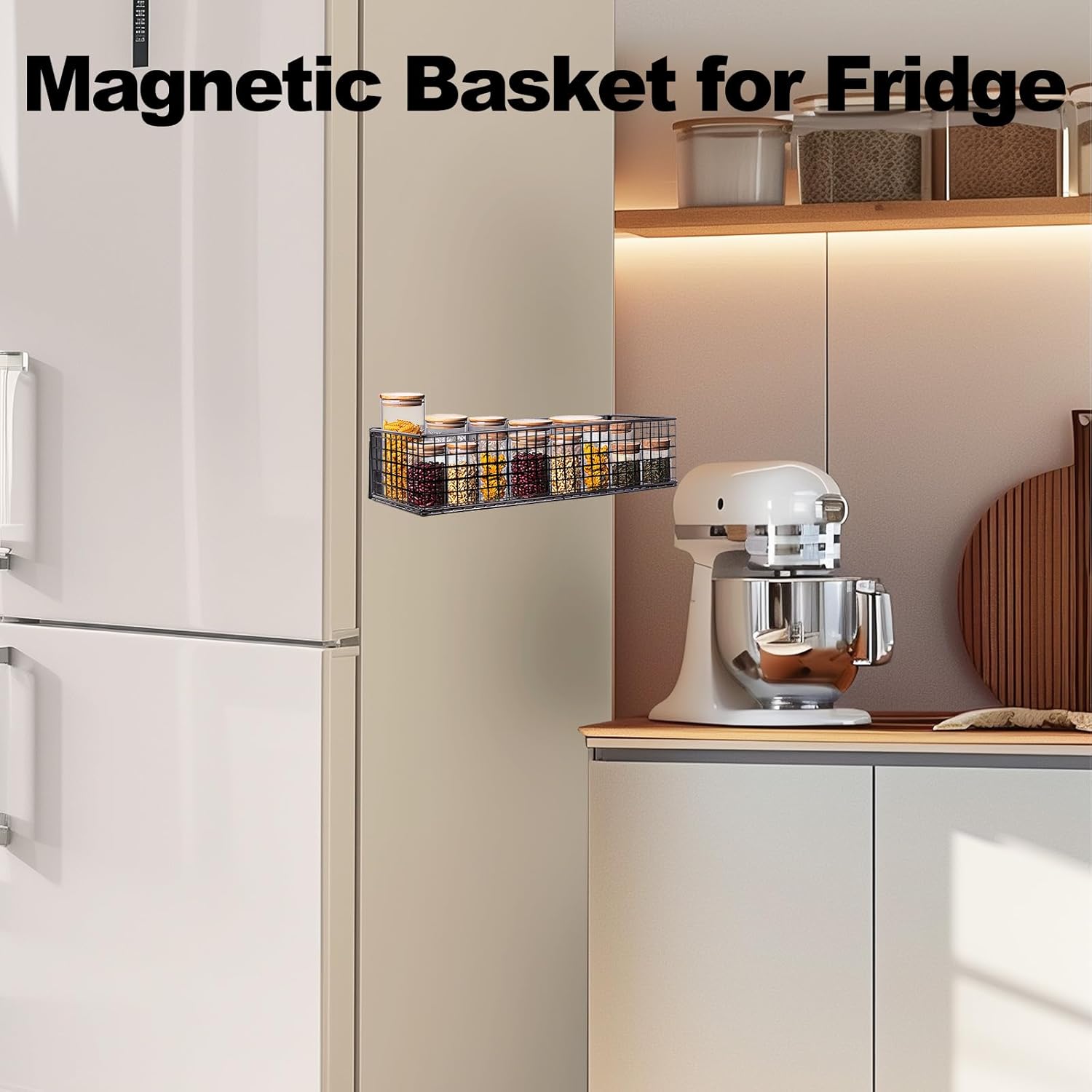 Magnetic Basket for Fridge, Wire Mesh Organizer, Black, 13.77" x 5.11" x 3.26" T9743