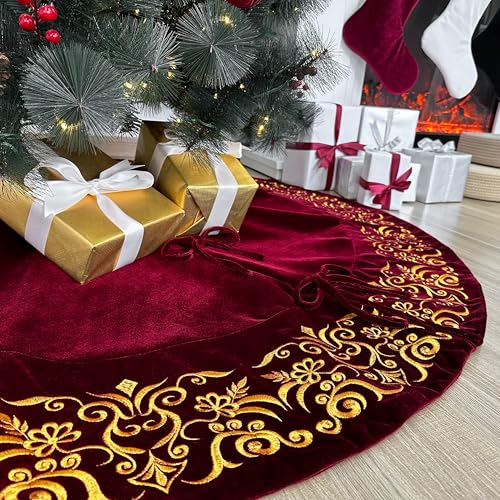 Burgundy Victorian Velvet Christmas Tree Skirt with Gold Damask Embroidery Q6345