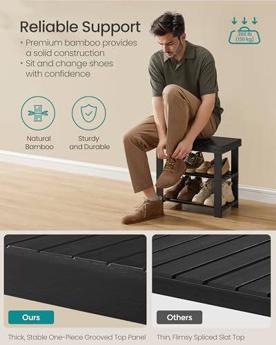 SONGMICS 3-Tier Bamboo Shoe Rack Bench, Entryway Storage, Ink Black X802