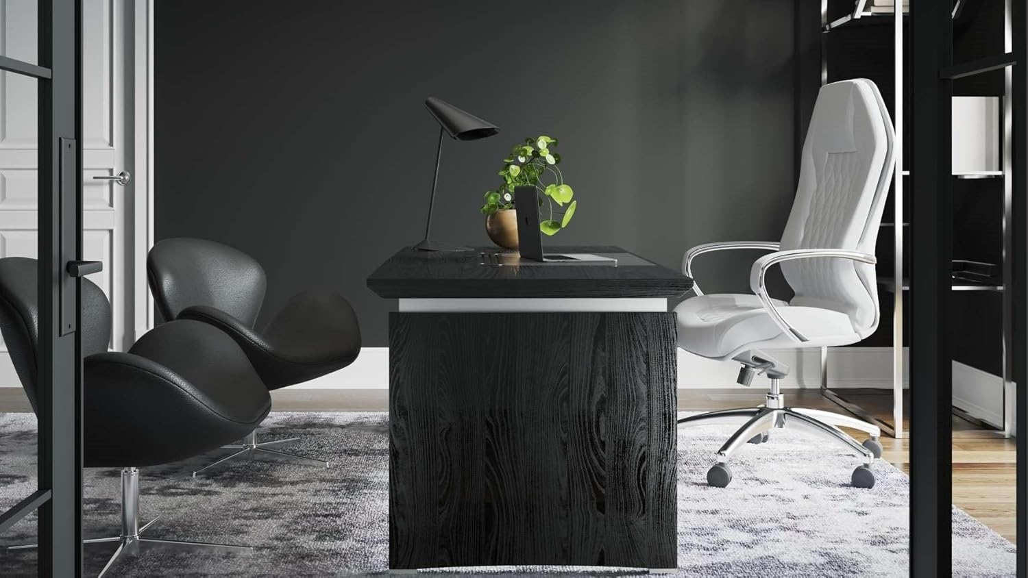 ZURI Modern Washington Black Oak Wood Desk with Leather Writing Pad C69776