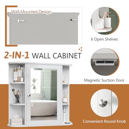 Meilocar Bathroom Mirror Cabinet Wall Mounted, White, 6 Open Shelves V3130