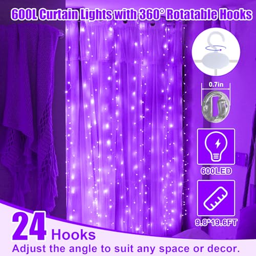 600LED Curtain Lights for Bedroom, Warm White, 8 Modes Y367582