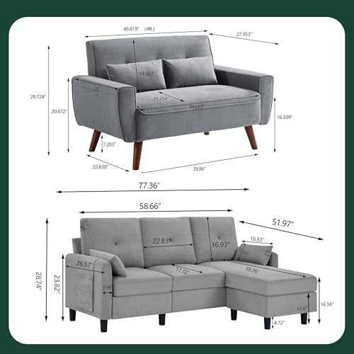 77" Convertible Sectional Sofa Set, L Shaped 3-Seat Couch with Reversible Chaise, Light Grey C552