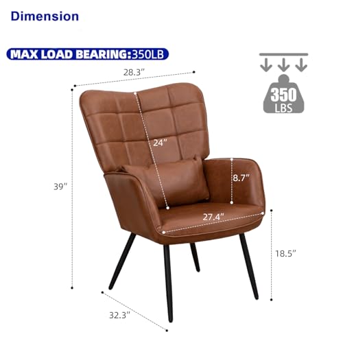 Modern Accent Chair with High Back, Leather Upholstered, Metal Legs - Brown T343
