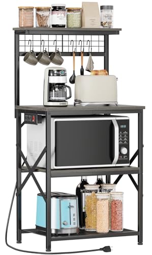 Furologee Kitchen Bakers Rack with Power Outlet, 4-Tier Microwave Stand, Rustic Brown Q634